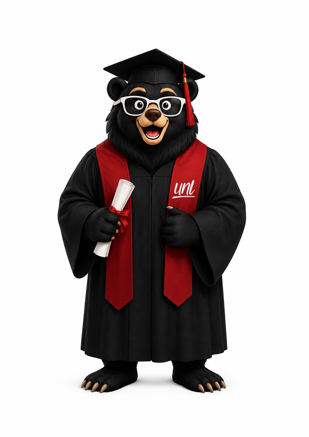 Oso graduado de la UNL con birrete y toga