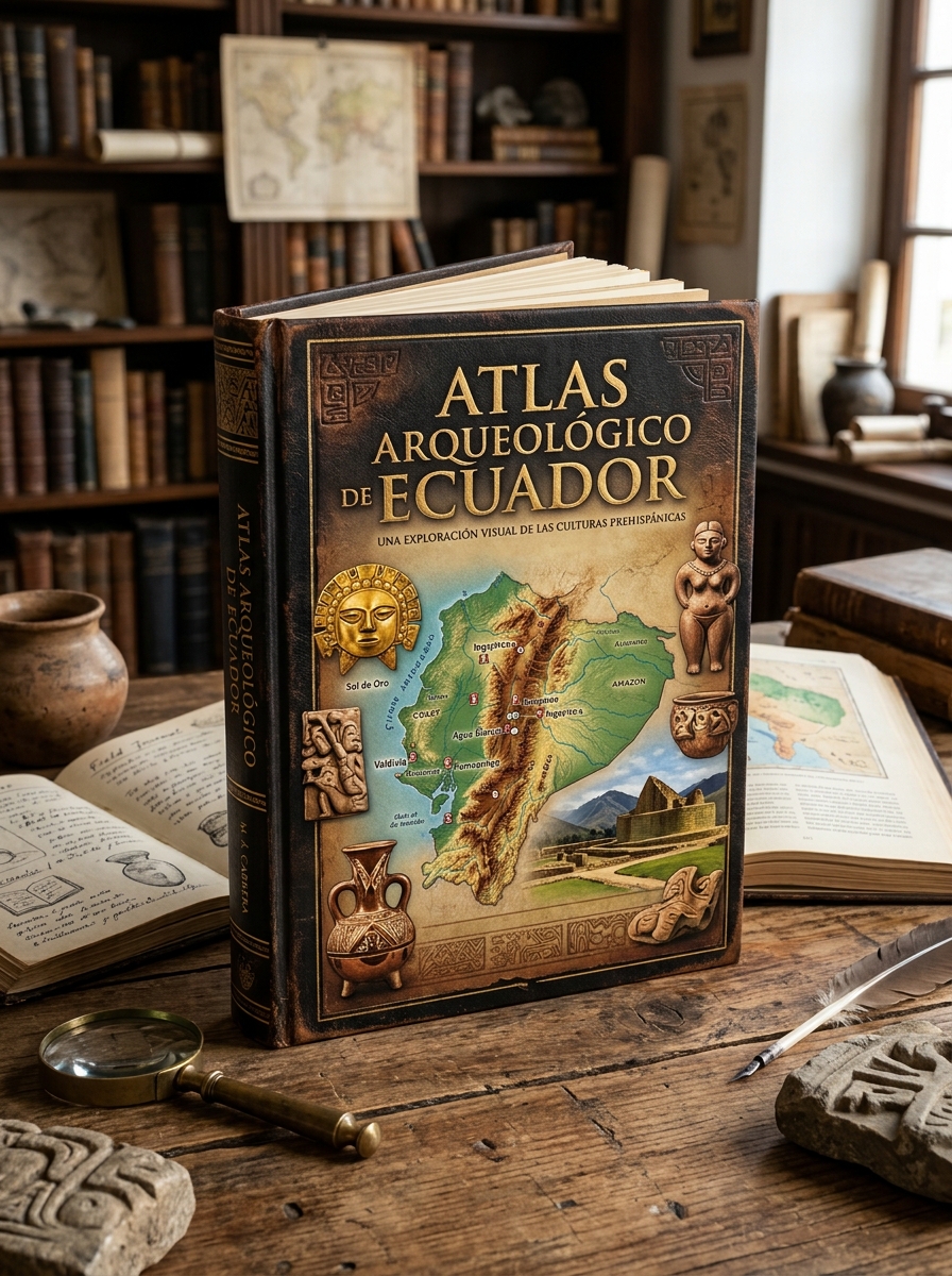 Portada del libro Atlas Arqueológico de Ecuador con un mapa y figuras prehispánicas, representativo del proyecto Atlas arqueológico Plan Binacional