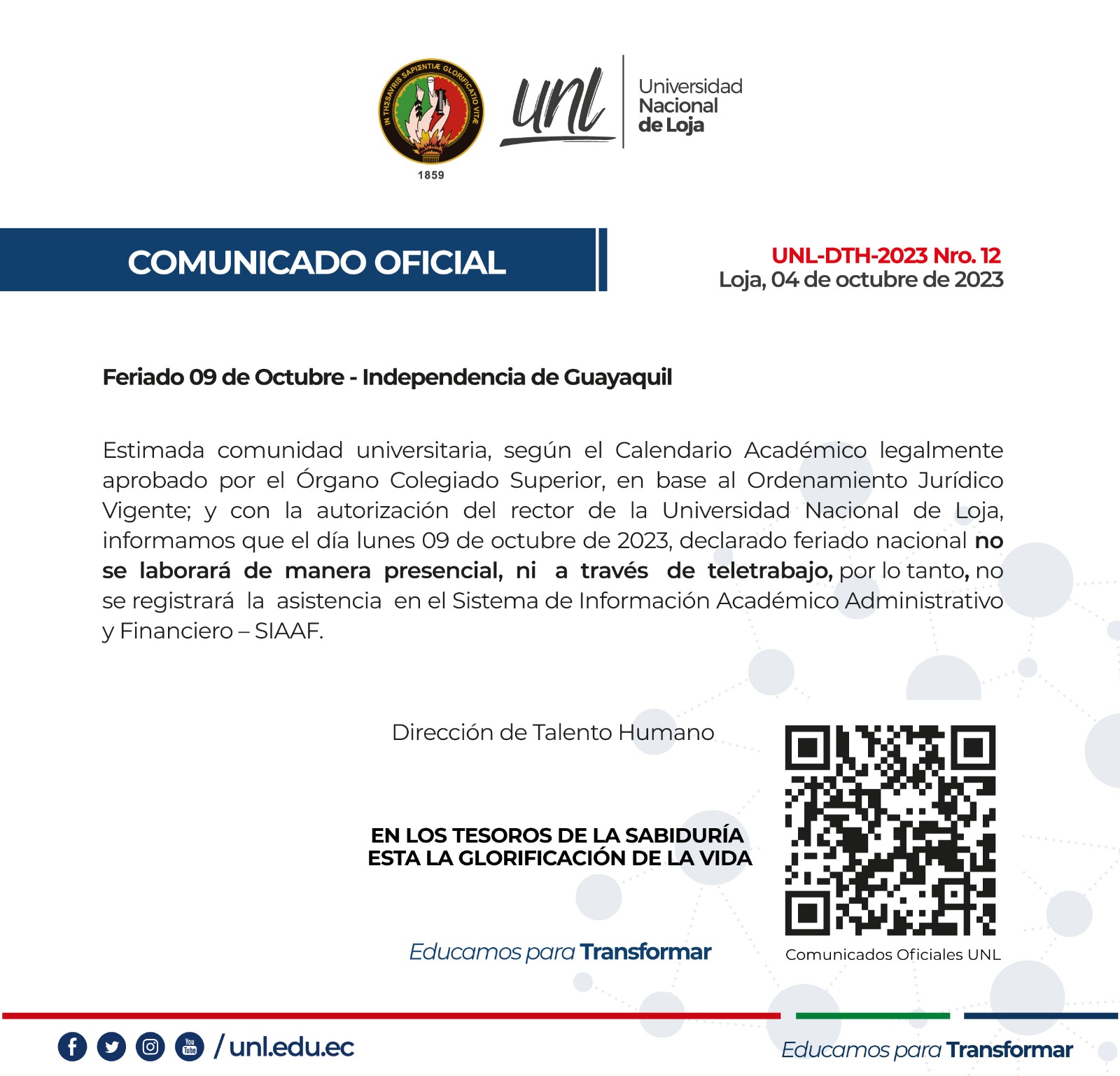 Comunicado Oficial Feriado por la Independencia de Guayaquil