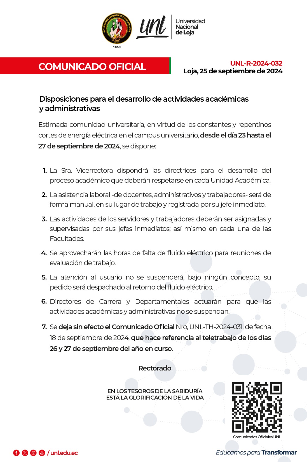 Comunicado Oficial | Disposiciones para el desarrollo de actividades académicas y administrativas