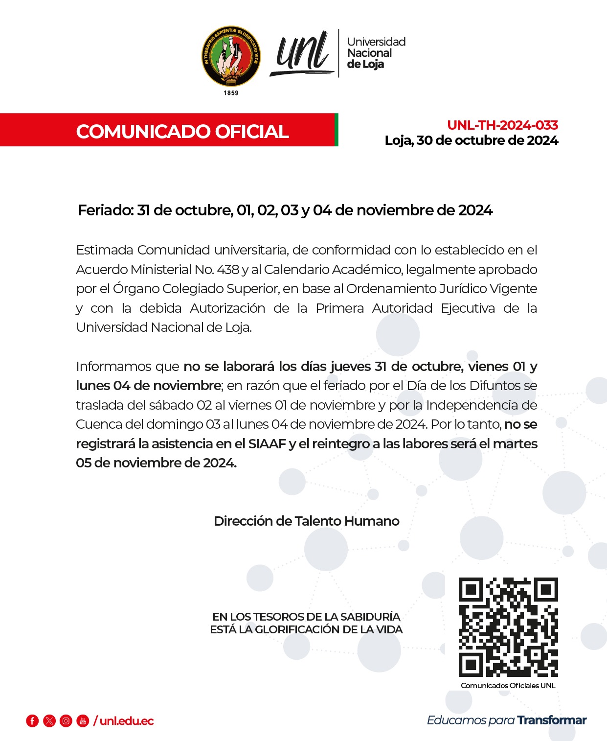 Comunicado Oficial | Feriado 31 de octubre, 01, 02, 03 y 04 de noviembre de 2024