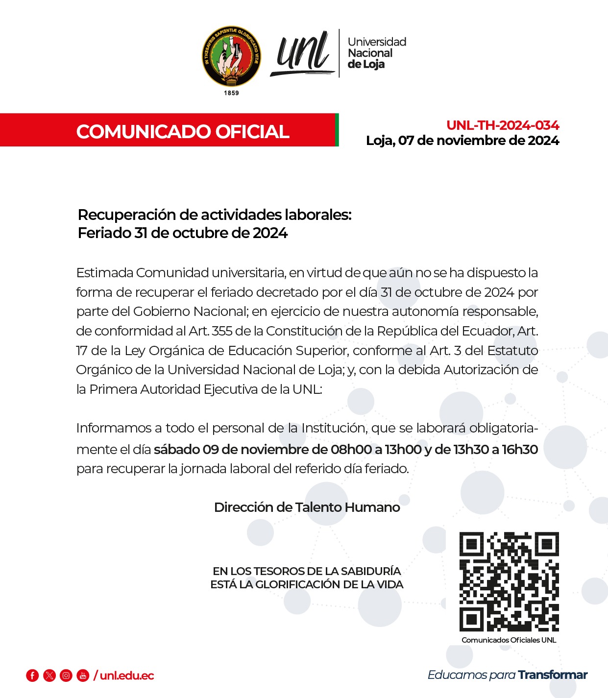 Comunicado Oficial Nro.034 | Recuperación de actividades laborales | Feriado 31 de octubre de 2024.