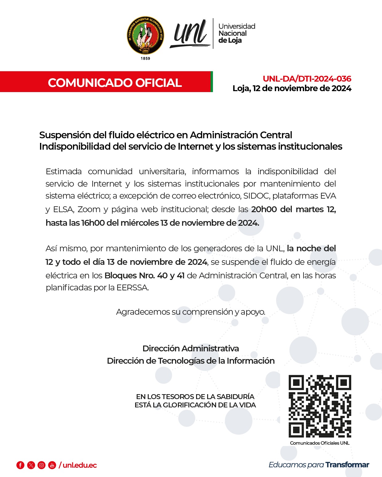 Comunicado Oficial|Suspensión del fluido eléctrico en Administración Central 