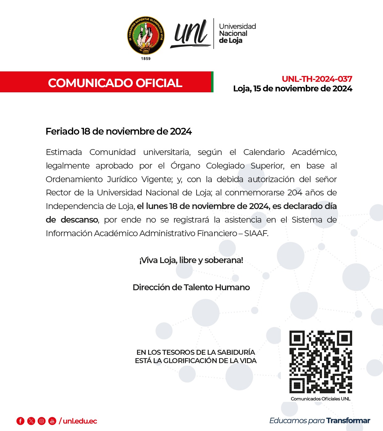 Comunicado Oficial |Feriado 18 de Noviembre de 2024