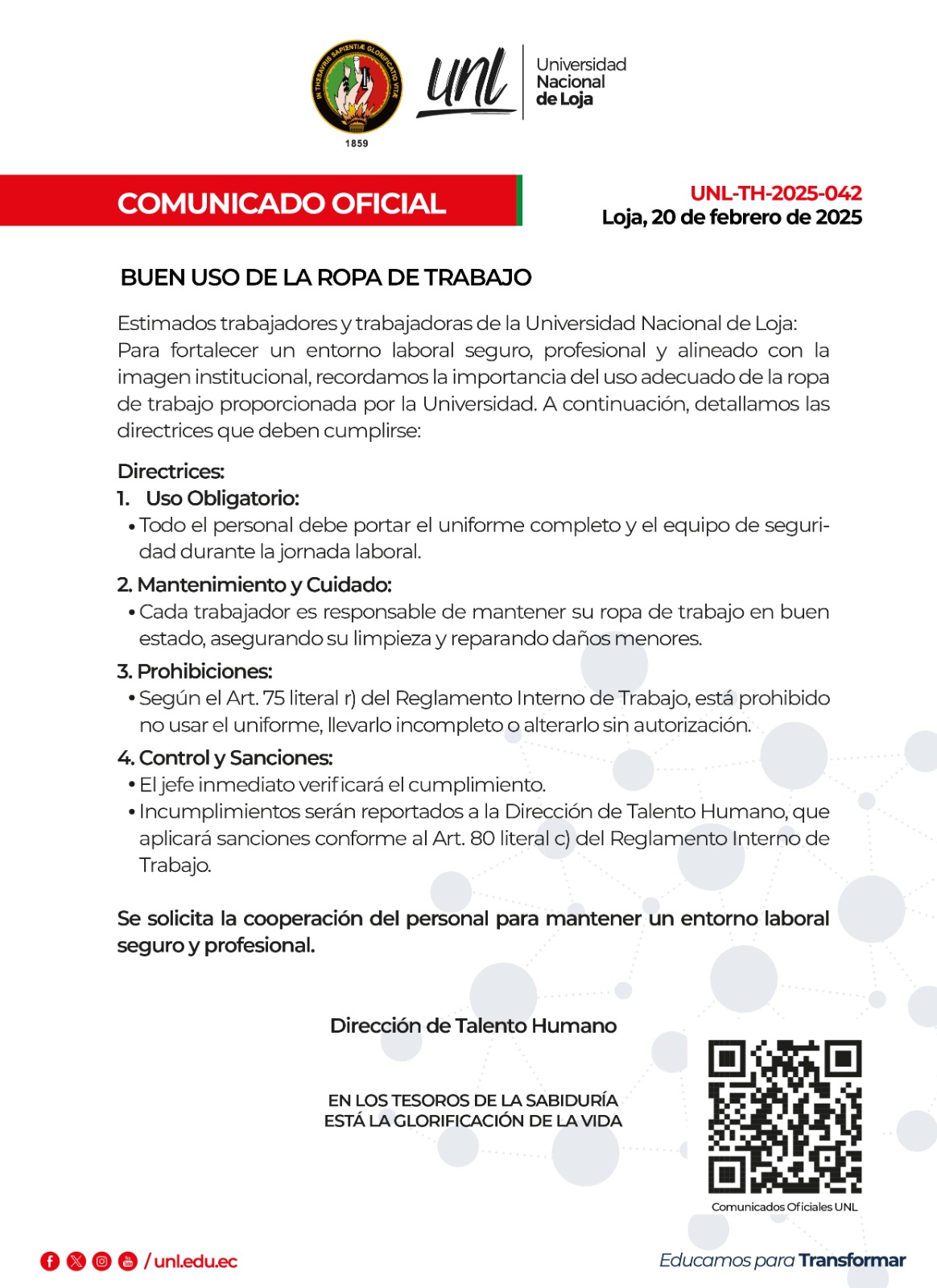 Comunicado Oficial Nro. 042 | Buen uso de la ropa de trabajo