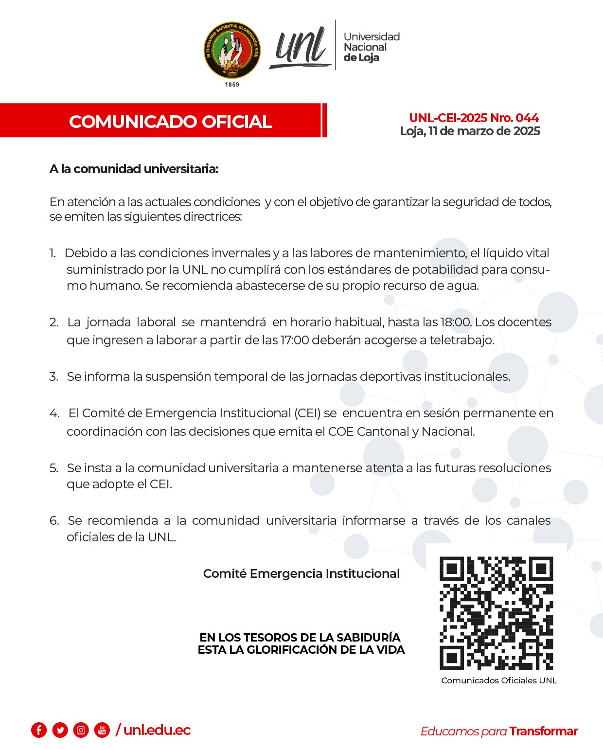 Comunicado Oficial Nro. 044 |  Medidas de seguridad, en atención a condiciones actuales