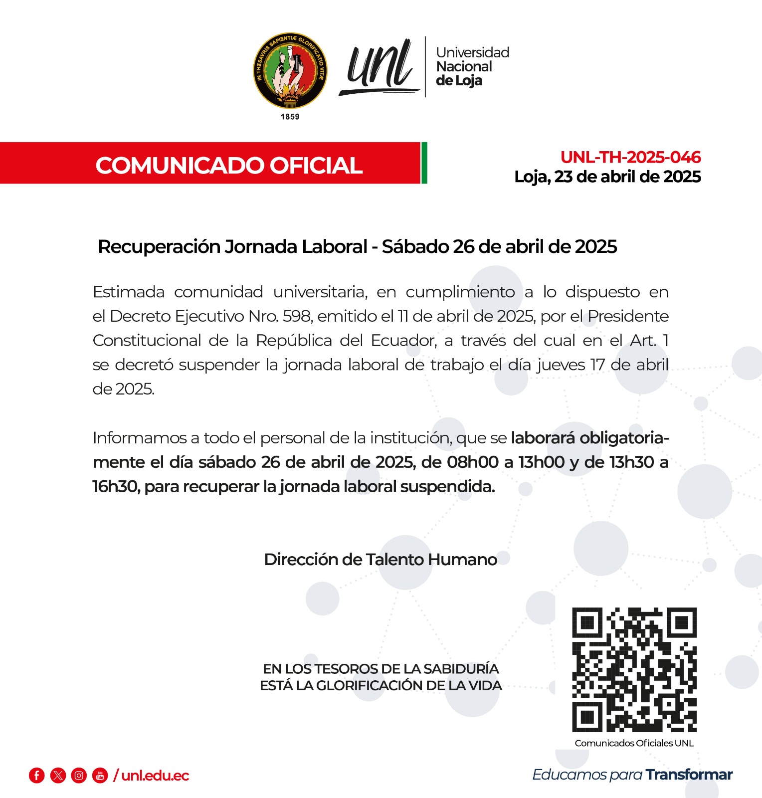 Comunicado Oficial Nro. 046 | Recuperación Jornada Laboral - Sábado 26 de abril de 2025