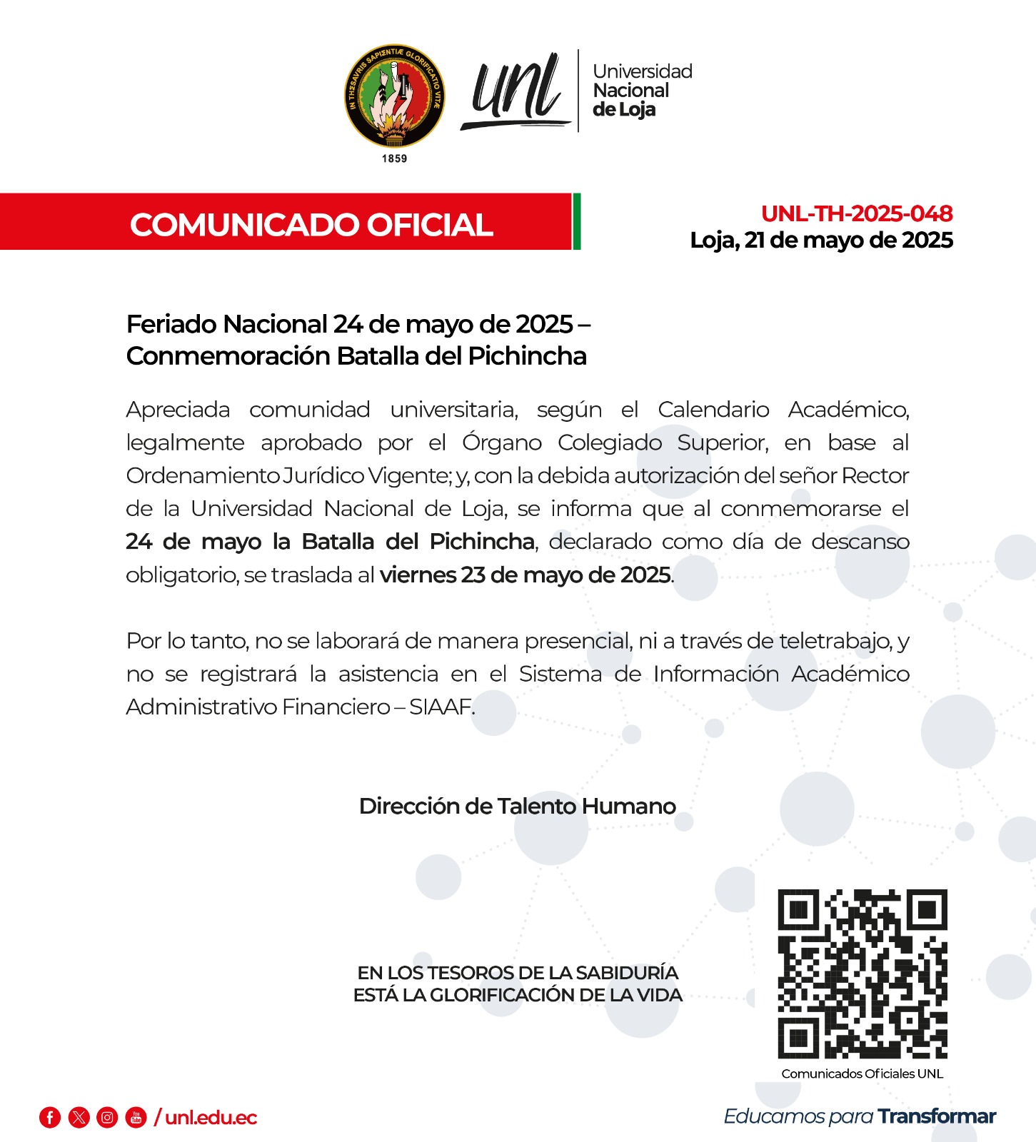 Comunicado Oficial Nro. 048 | Feriado Nacional 24 de mayo - Conmemoración Batalla de Pichincha