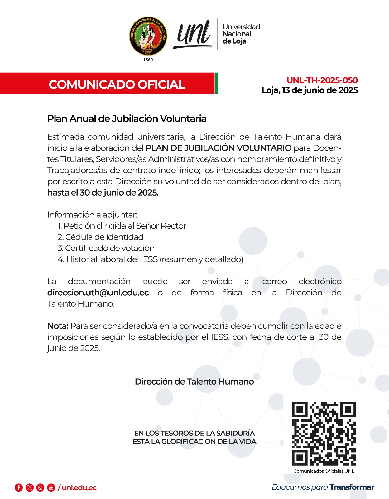 Comunicado Oficial Nro. 050 | Plan Anual de Jubilación Voluntario 2025