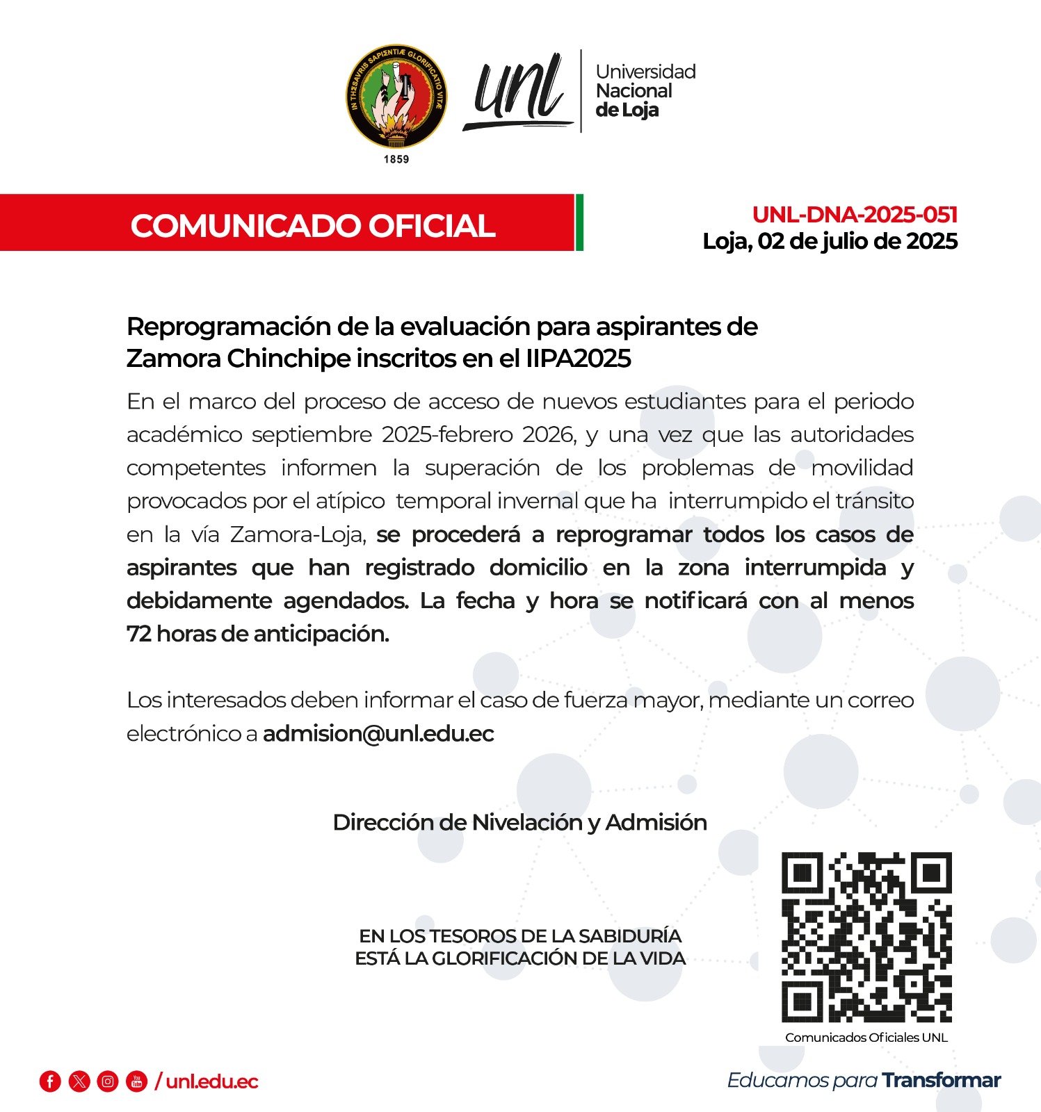 REPROGRAMACIÓN DE EVALUACIÓN PARA ASPIRANTES DE ZAMORA CHINCHIPE INSCRITOS EN EL  IIPA2025
