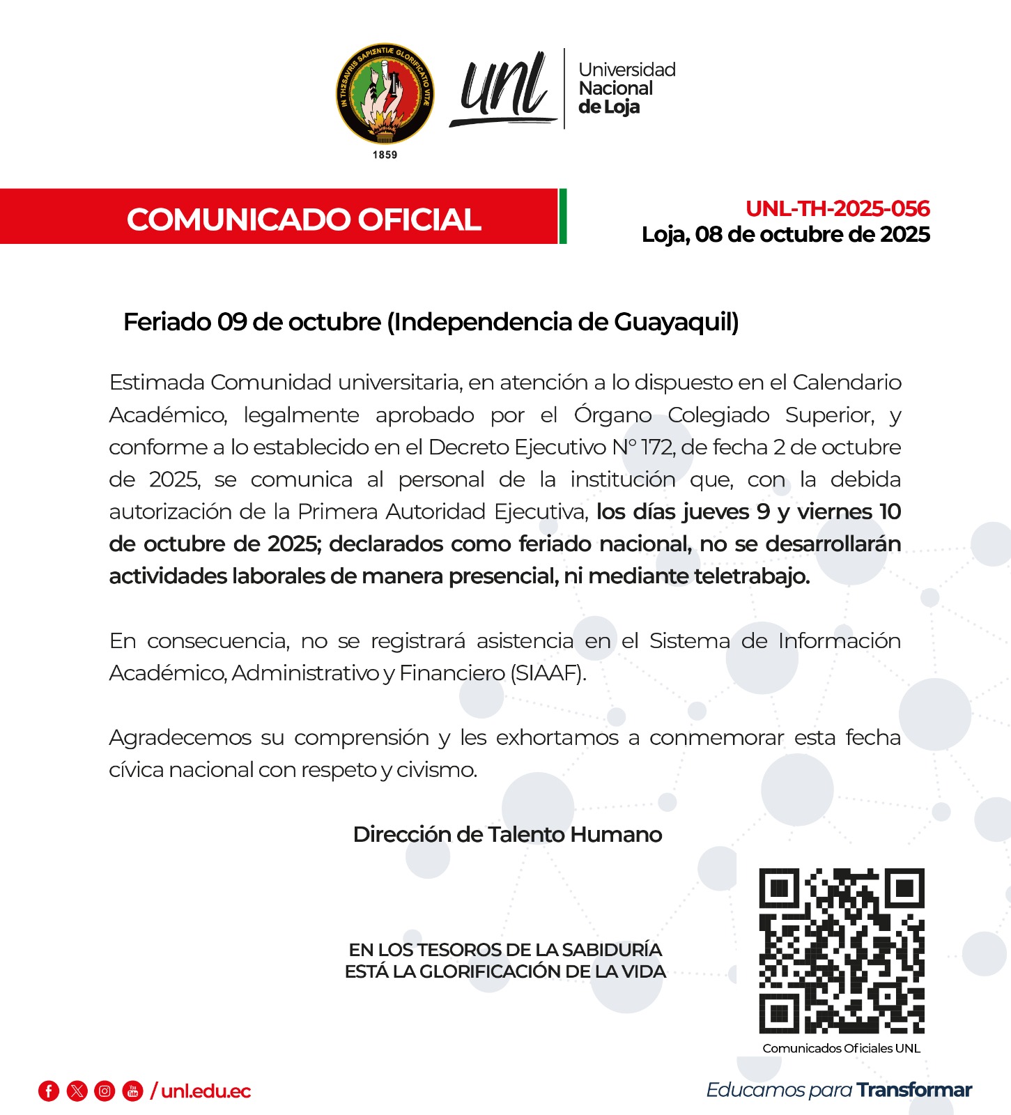 Comunicado Oficial Nro. 056 |  Feriado 09 y 10 de octubre | Independencia de Guayaquil