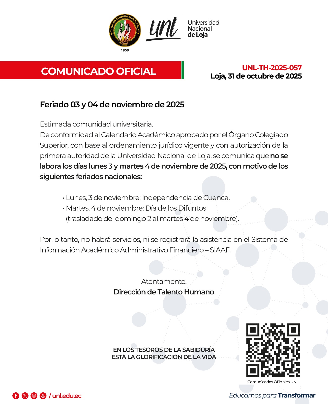 Comunicado Oficial Nro. 057 | Feriado 03 y 04 de noviembre de 2025