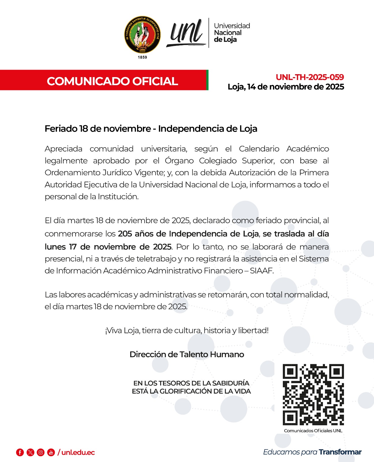 Comunicado Oficial Nro. 059 | Feriado 18 de noviembre - Independencia de Loja