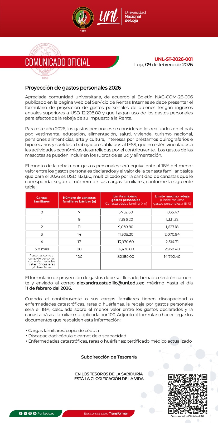 Comunicado Oficial Nro. 01 | Proyección Gastos Personales 2026