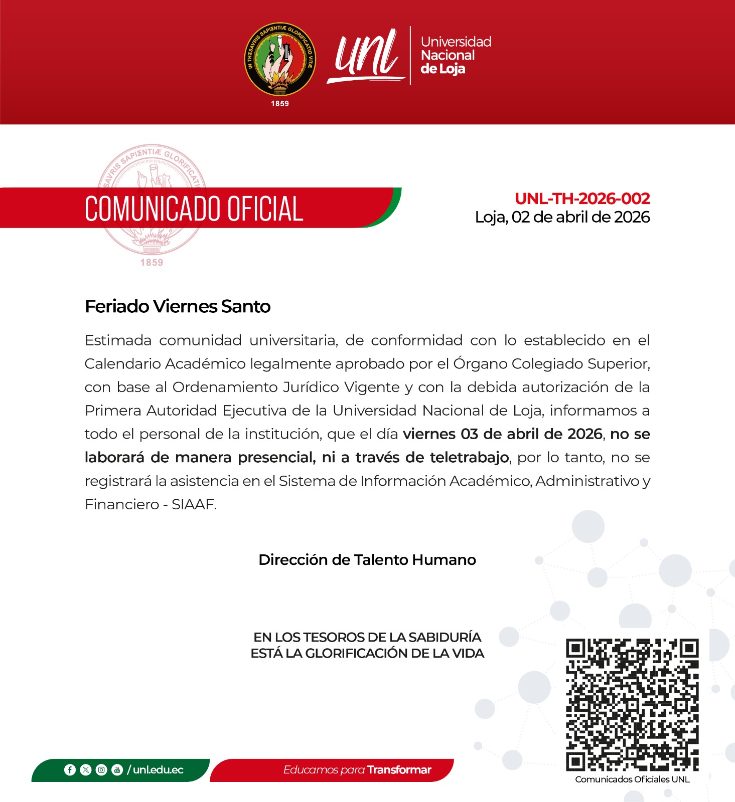 Comunicado Oficial Nro. 02 | Feriado Viernes Santo