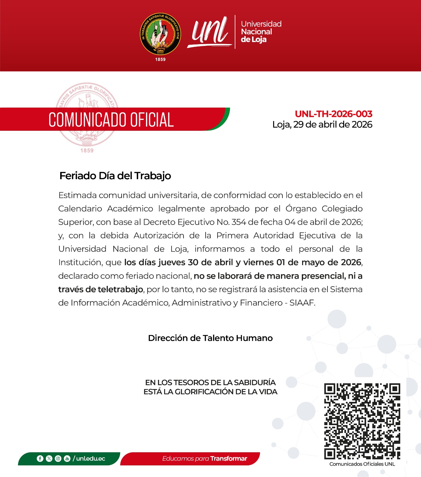 Comunicado Oficial Nro. 03 | Feriado Día del Trabajo
