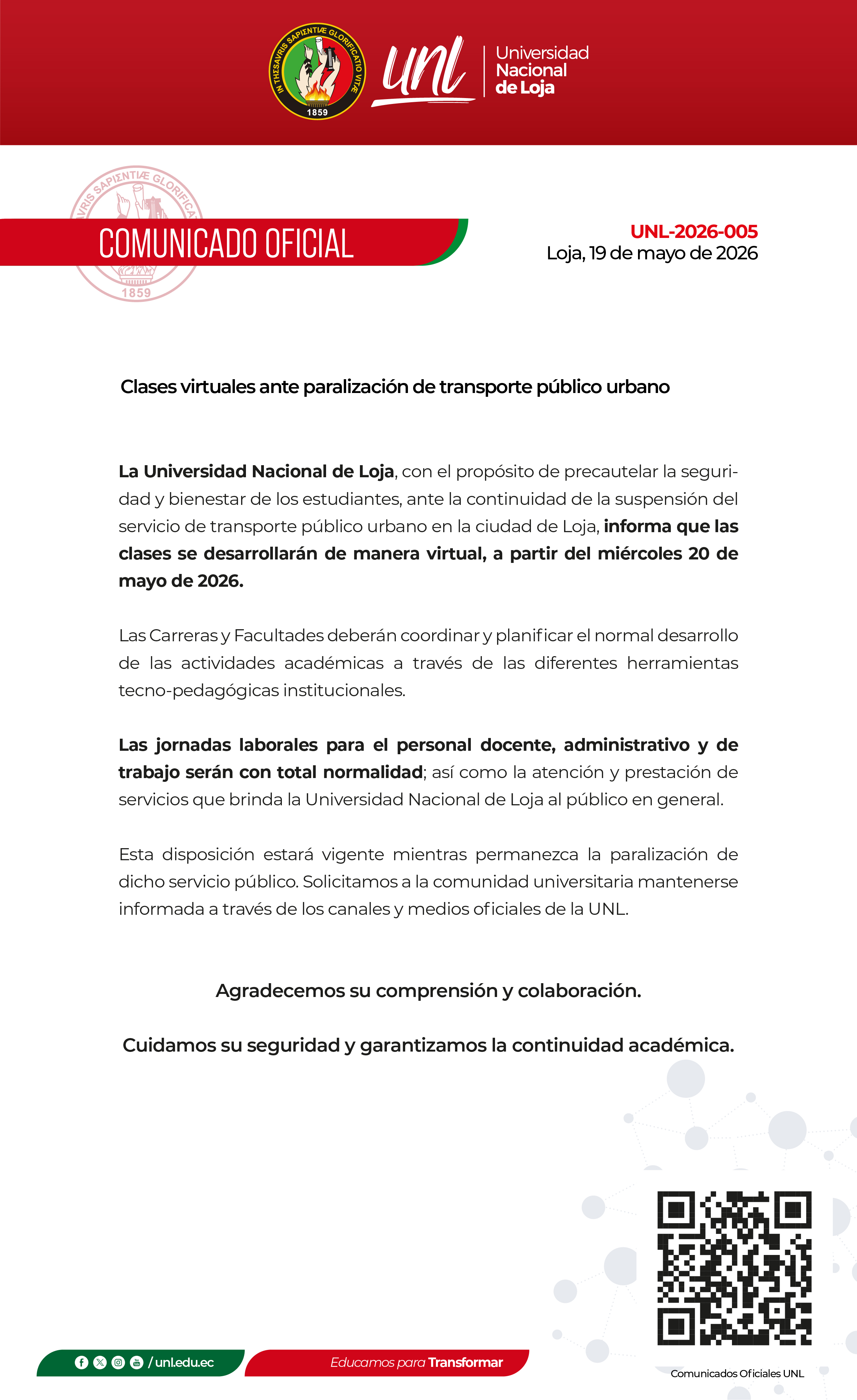 Comunicado Oficial Nro. 05| Clases virtuales ante paralización del transporte público