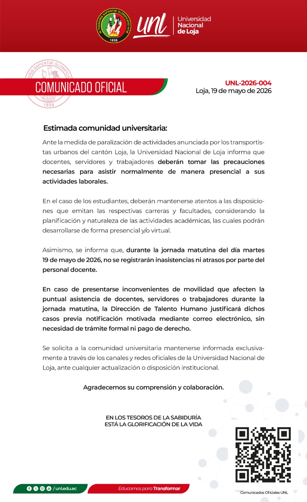 Comunicado Oficial Nro. 04 | Disposiciones institucionales ante paralización del transporte urbano del cantón Loja.