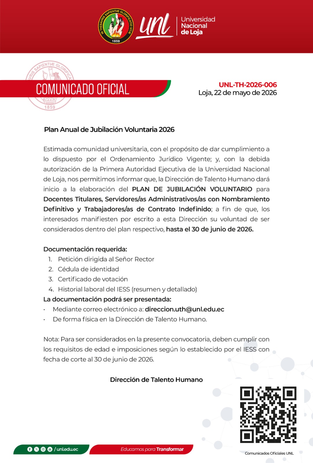 Comunicado Oficial Nro. 06 | Plan de Jubilación Voluntaria 2026