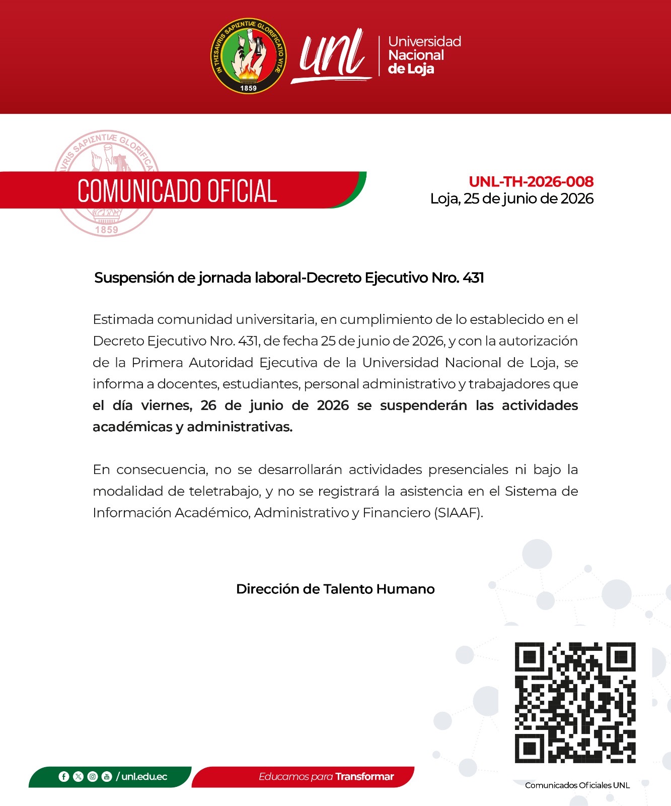 Suspensión de jornada laboral-Decreto Ejecutivo Nro. 431 