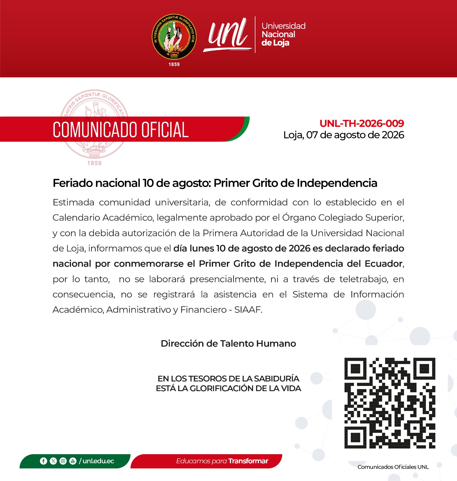 Comunicado Oficial Nro. 09 | Feriado Nacional 10 de Agosto: Primer Grito de Independencia