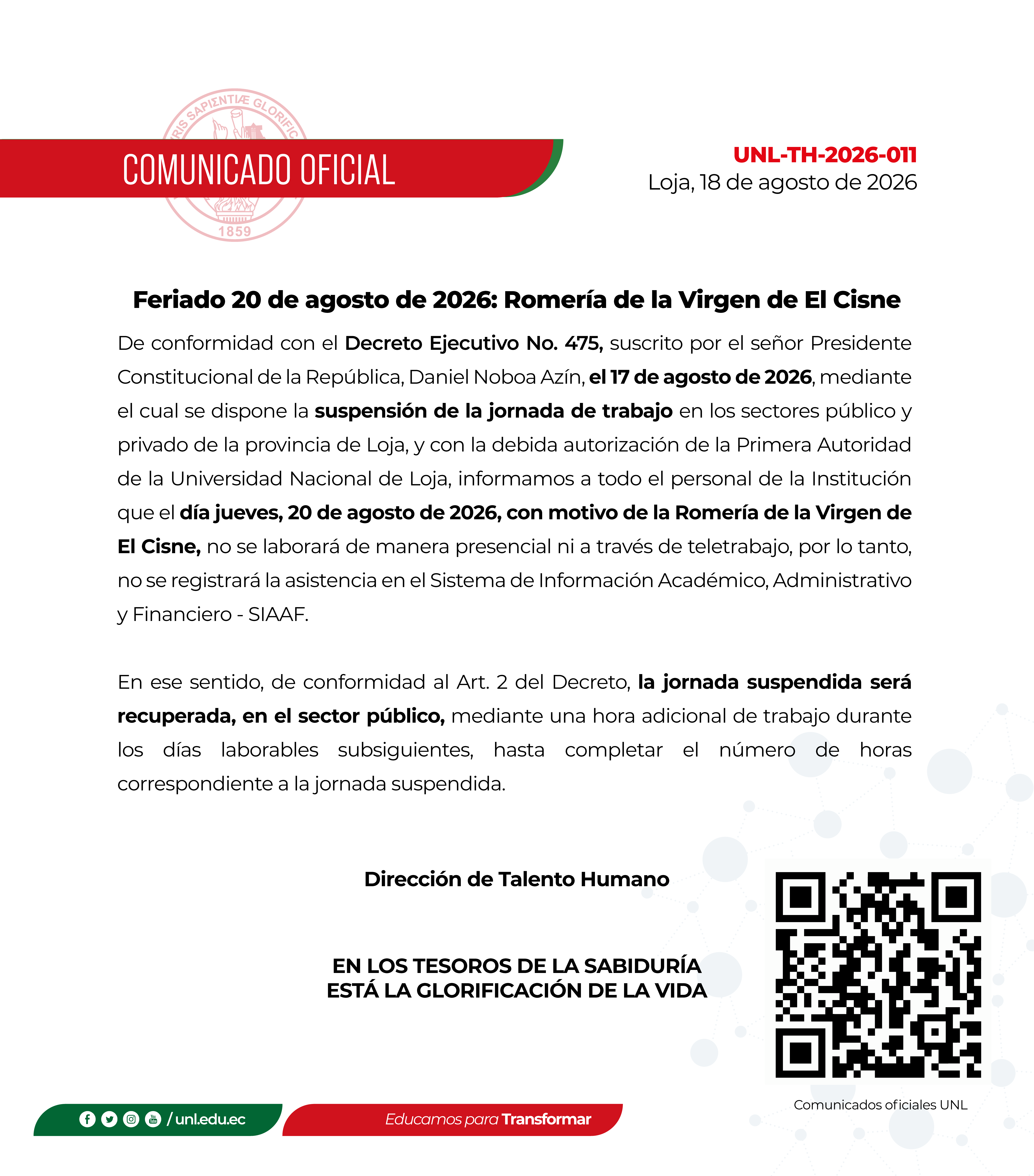 Comunicado Oficial Nro. 010 - 011 | Descanso Romeria Virgen del Cisne