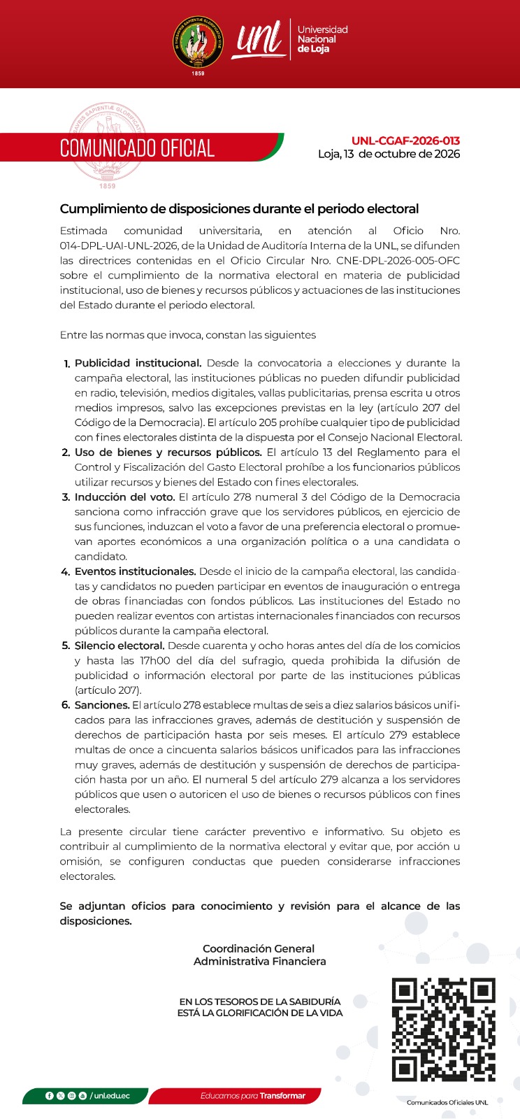 Comunicado Oficial Nro. 13 | Cumplimiento de dispocisiones durante el periodo electoral