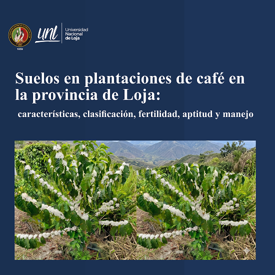 Imagen de portada de libro Suelos en plantaciones de café en la provincia de Loja: características, clasificación, fertilidad, aptitud y manejo, color azul de fondo con imagen de plantaciones