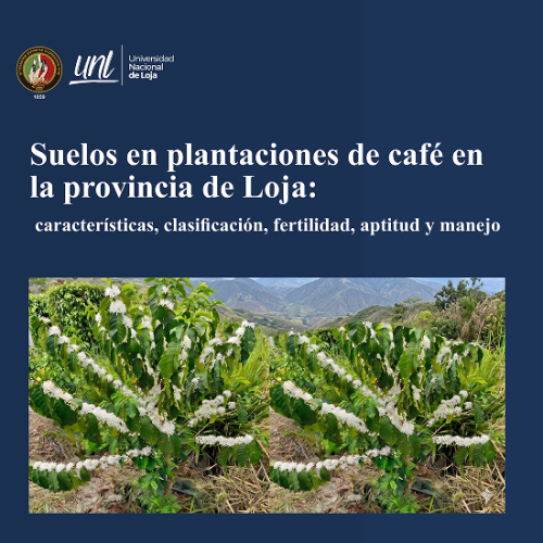 Imagen de portada de libro Suelos en plantaciones de café en la provincia de Loja: características, clasificación, fertilidad, aptitud y manejo, color azul de fondo con imagen de plantaciones