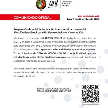 Comunicado Oficial Nro.039 | Suspensión de actividades académicas | VOTACIONES FEUE Y ASOCIACIONES CARRERAS UNL
