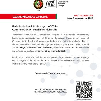 Comunicado Oficial Nro. 048 | Feriado Nacional 24 de mayo - Conmemoración Batalla de Pichincha