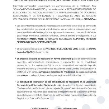 CONVOCATORIA A ELECCIONES REPRESENTANTES ANTE EL OCS 2025-2027