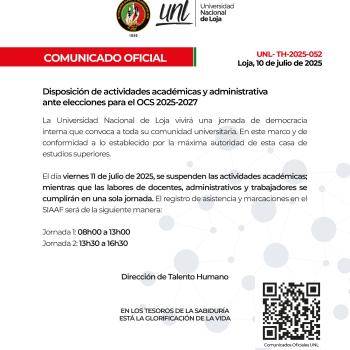 Comunicado Oficial Nro. 052 | Disposición de actividades académicas y administrativas | Elecciones OCS 2025-2027